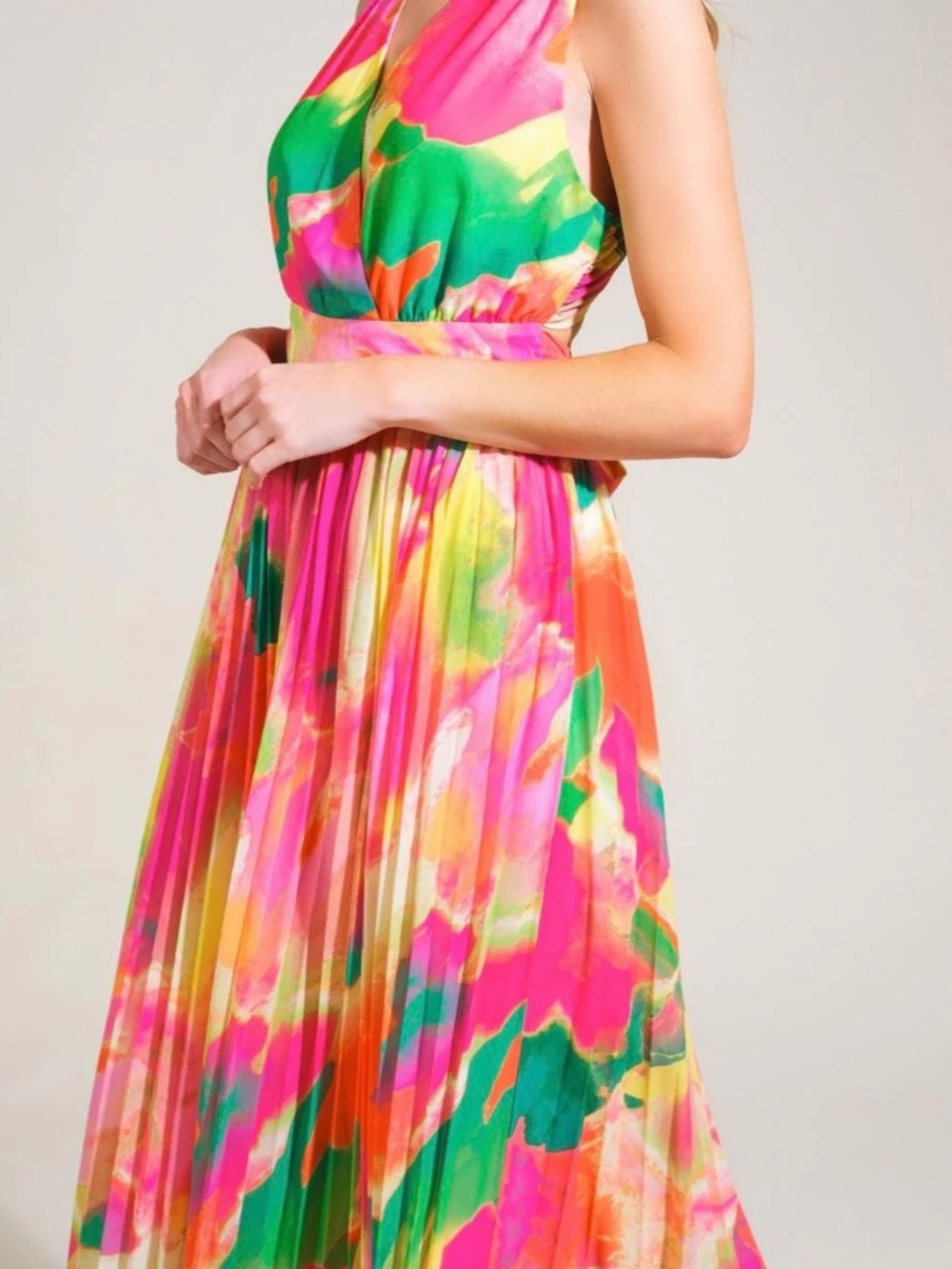 TROPICAL PRINT SLEEVELESS WIDE LEG WOVEN PLEATED JUMPSUIT SIZE MEDIUM - Picture 4 of 17